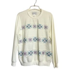 Vintage 90s Alfred Dunner Women's Striped Floral Embroidered White Tshirt sz M